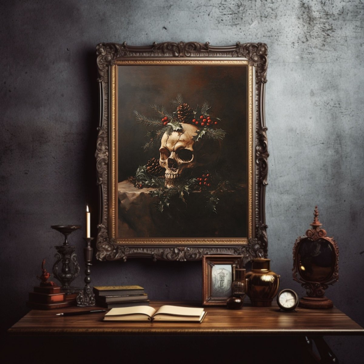 Gothic Christmas Skull Still Life - Dark Academia Holiday Wall Art Print - Everything Pixel