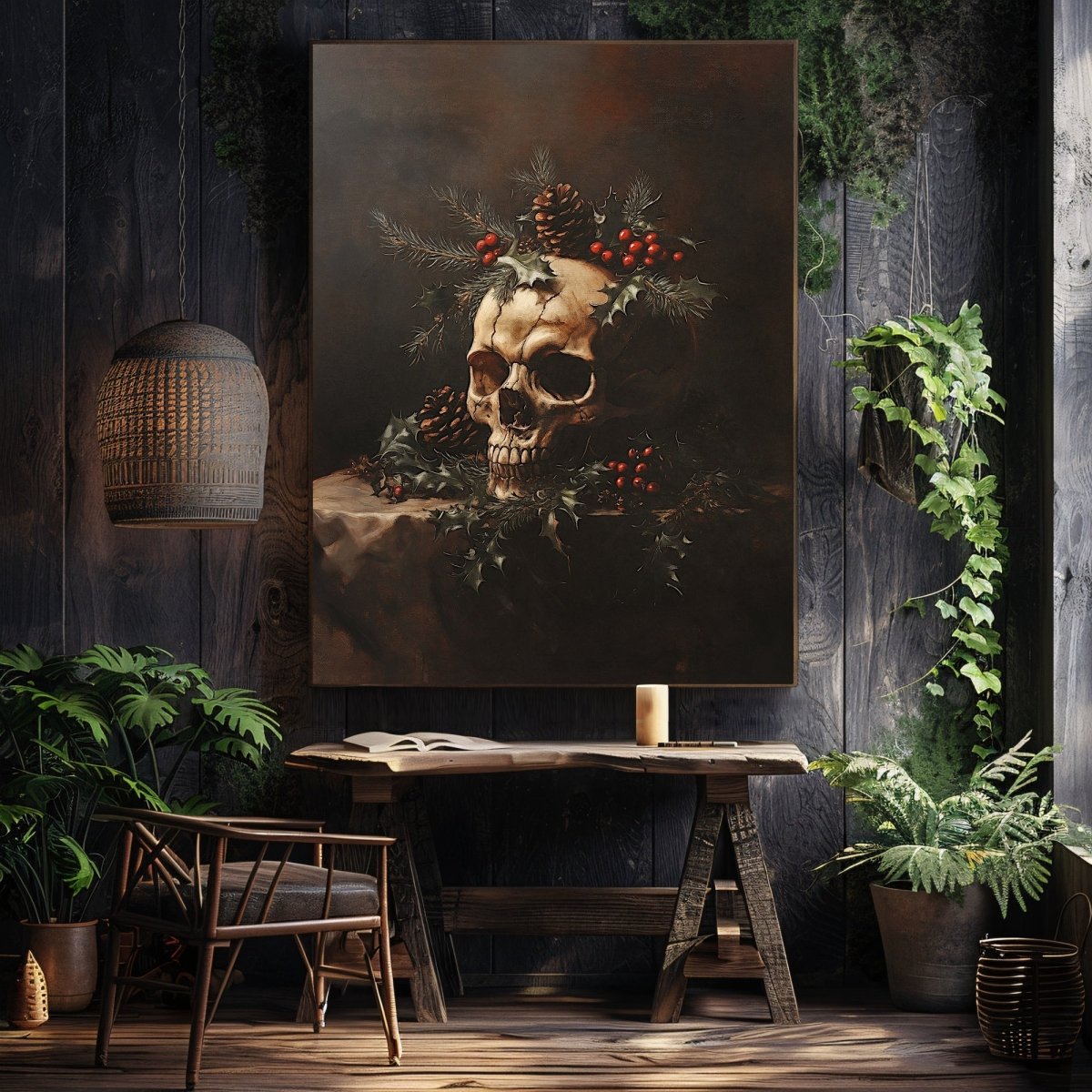 Gothic Christmas Skull Still Life - Dark Academia Holiday Wall Art Print - Everything Pixel