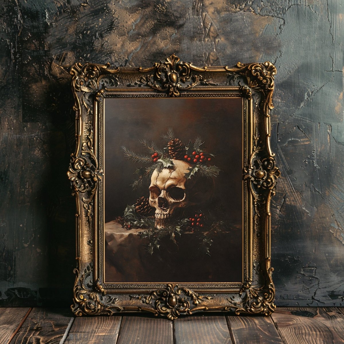 Gothic Christmas Skull Still Life - Dark Academia Holiday Wall Art Print - Everything Pixel