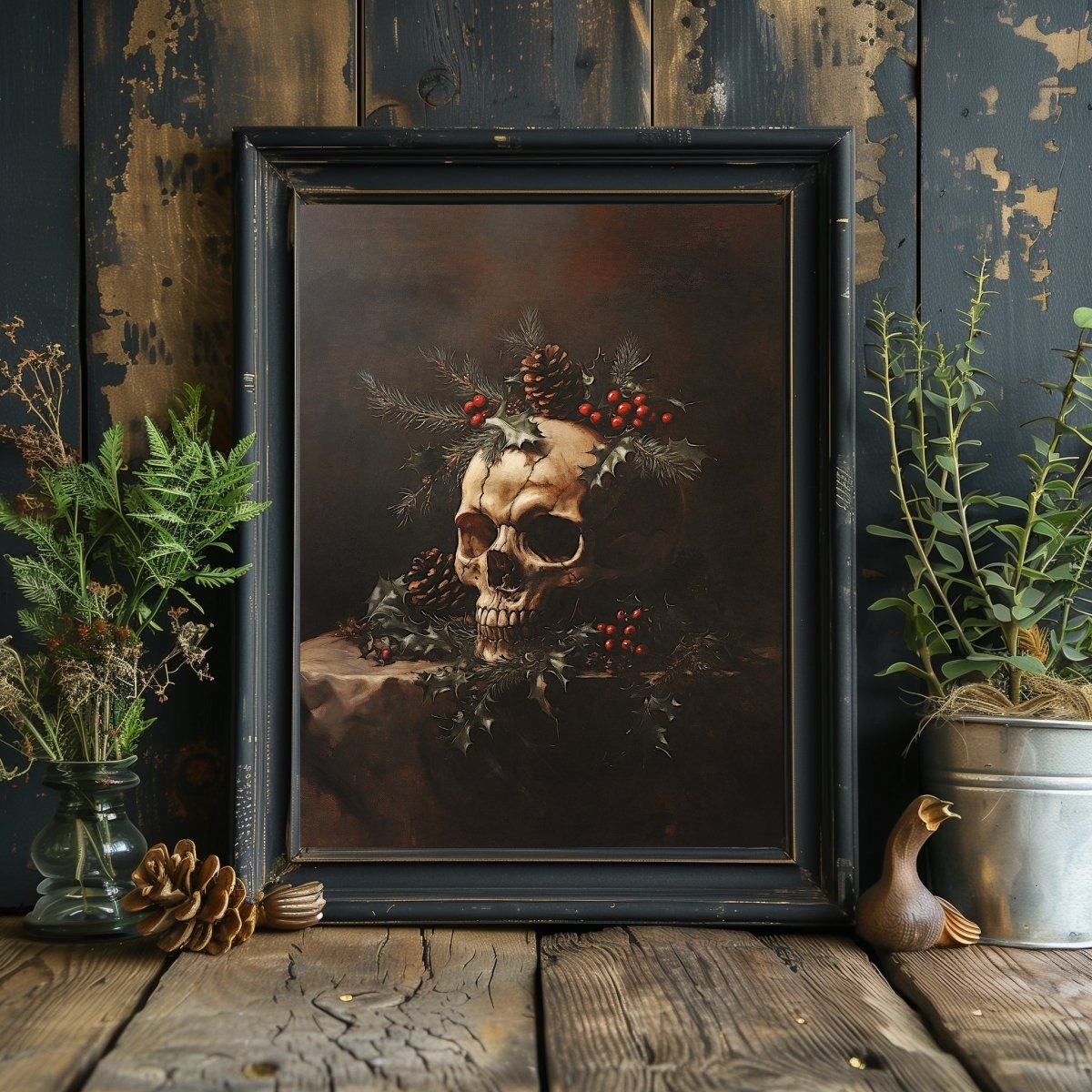 Gothic Christmas Skull Still Life - Dark Academia Holiday Wall Art Print - Everything Pixel