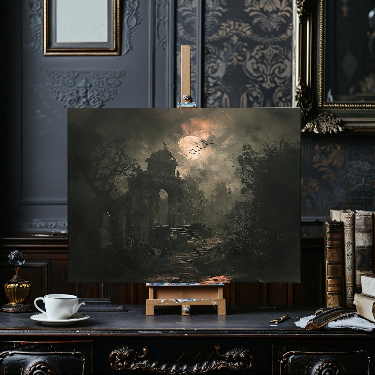 Gothic Graveyard Canvas Print – Moonlit Cementery with Bats and Shadows, Eerie Halloween Decor - Everything Pixel