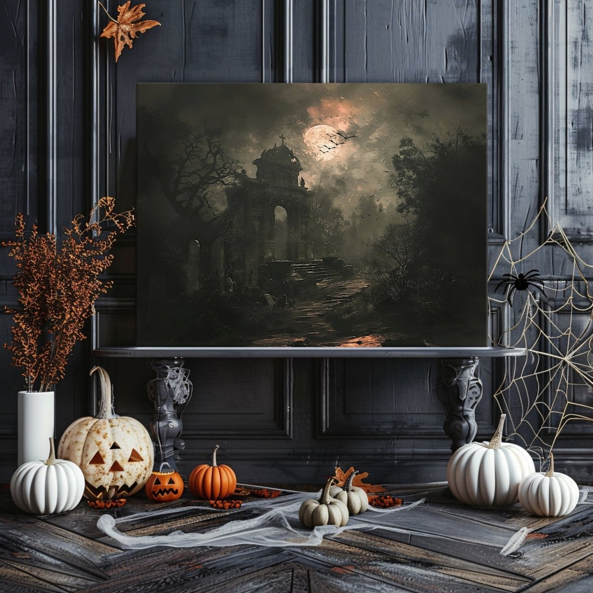 Gothic Graveyard Canvas Print – Moonlit Cementery with Bats and Shadows, Eerie Halloween Decor - Everything Pixel