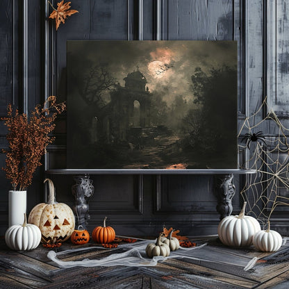 Gothic Graveyard Canvas Print – Moonlit Cementery with Bats and Shadows, Eerie Halloween Decor - Everything Pixel