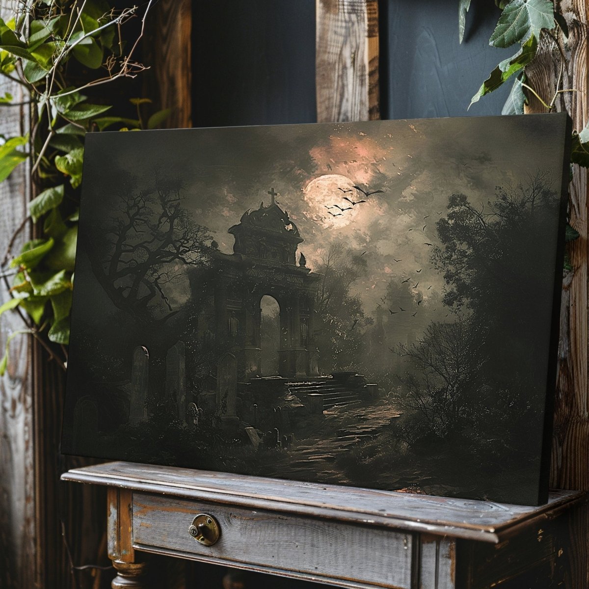 Gothic Graveyard Canvas Print – Moonlit Cementery with Bats and Shadows, Eerie Halloween Decor - Everything Pixel