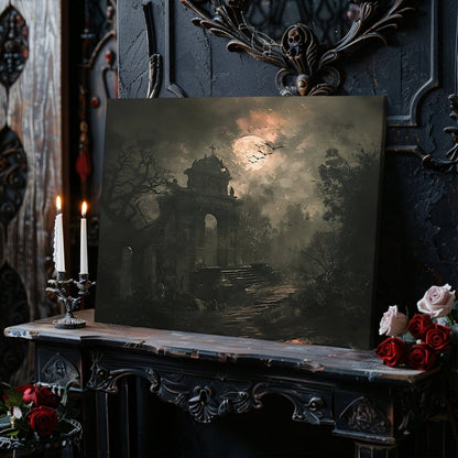 Gothic Graveyard Canvas Print – Moonlit Cementery with Bats and Shadows, Eerie Halloween Decor - Everything Pixel