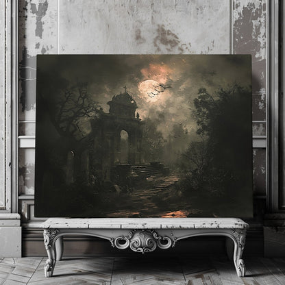 Gothic Graveyard Canvas Print – Moonlit Cementery with Bats and Shadows, Eerie Halloween Decor - Everything Pixel