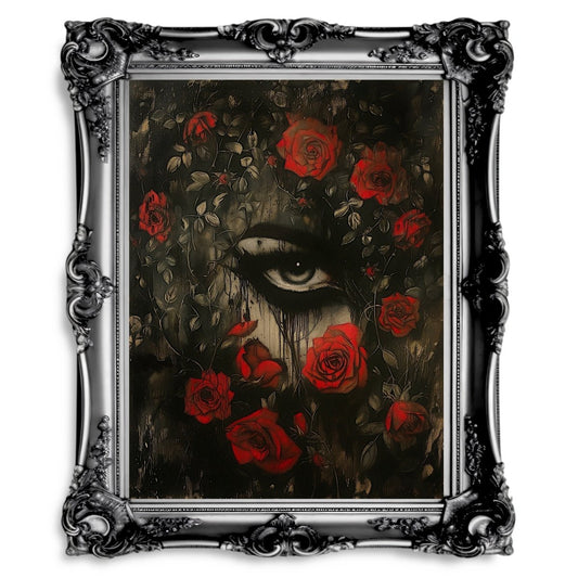 Gothic Lover's Eye Behind Red Roses Print - Enigmatic Gothic Decor - Gothic Wall Art Print - Everything Pixel