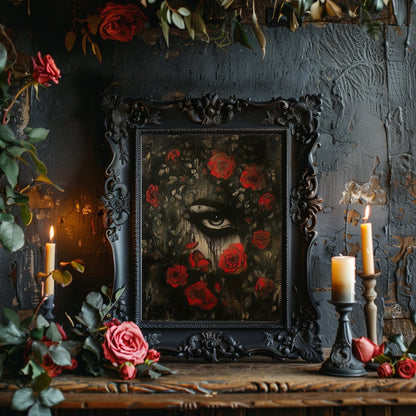 Gothic Lover's Eye Behind Red Roses Print - Enigmatic Gothic Decor - Gothic Wall Art Print - Everything Pixel