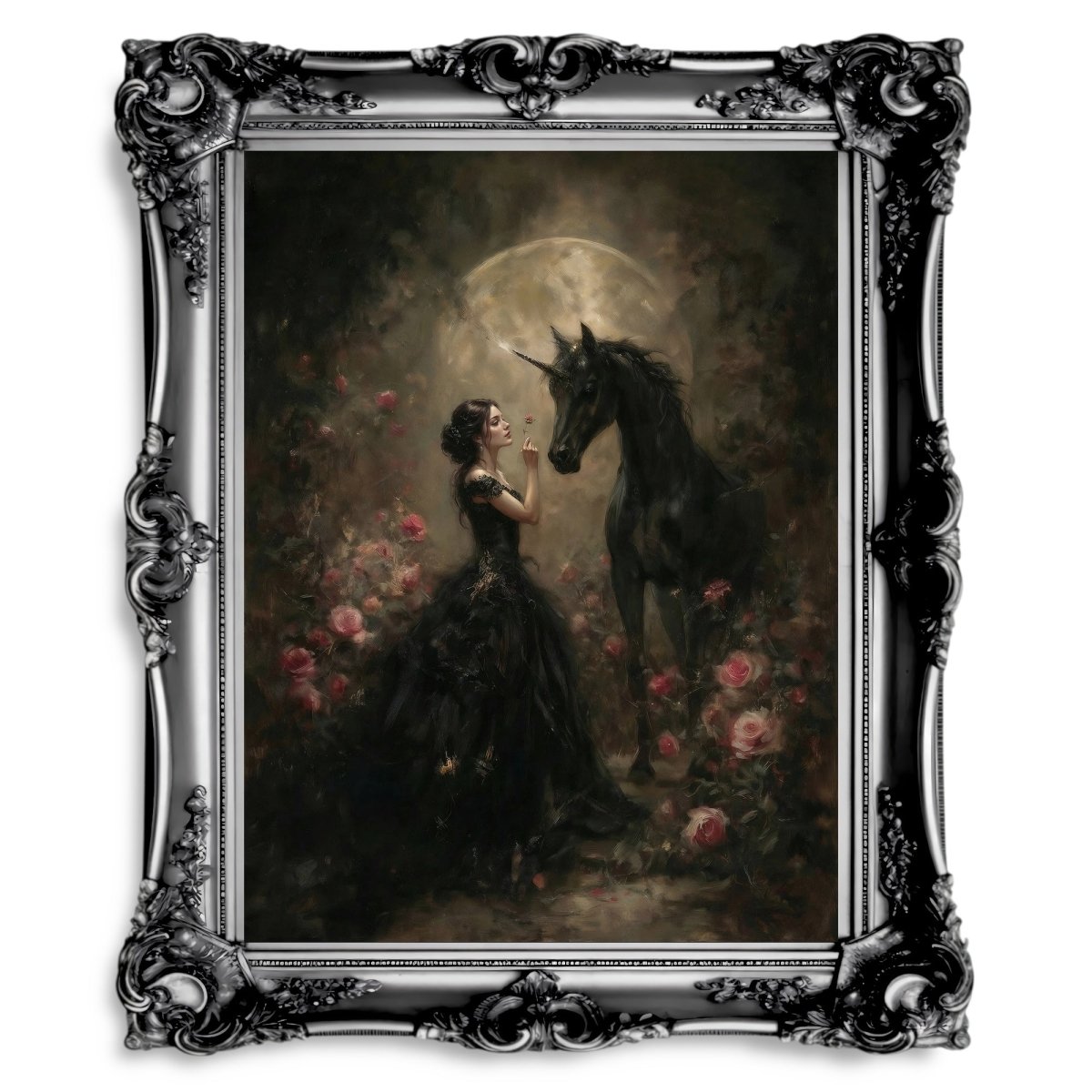 Gothic Maiden & Black Unicorn Wall Art Print – Mystical Moonlit Fantasy Rose Scene - Everything Pixel