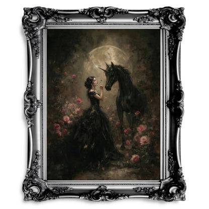 Gothic Maiden & Black Unicorn Wall Art Print – Mystical Moonlit Fantasy Rose Scene - Everything Pixel