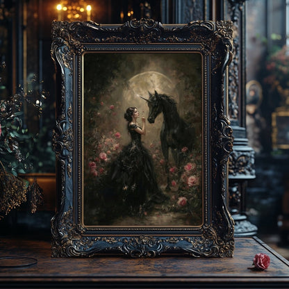 Gothic Maiden & Black Unicorn Wall Art Print – Mystical Moonlit Fantasy Rose Scene - Everything Pixel