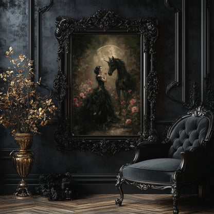 Gothic Maiden & Black Unicorn Wall Art Print – Mystical Moonlit Fantasy Rose Scene - Everything Pixel