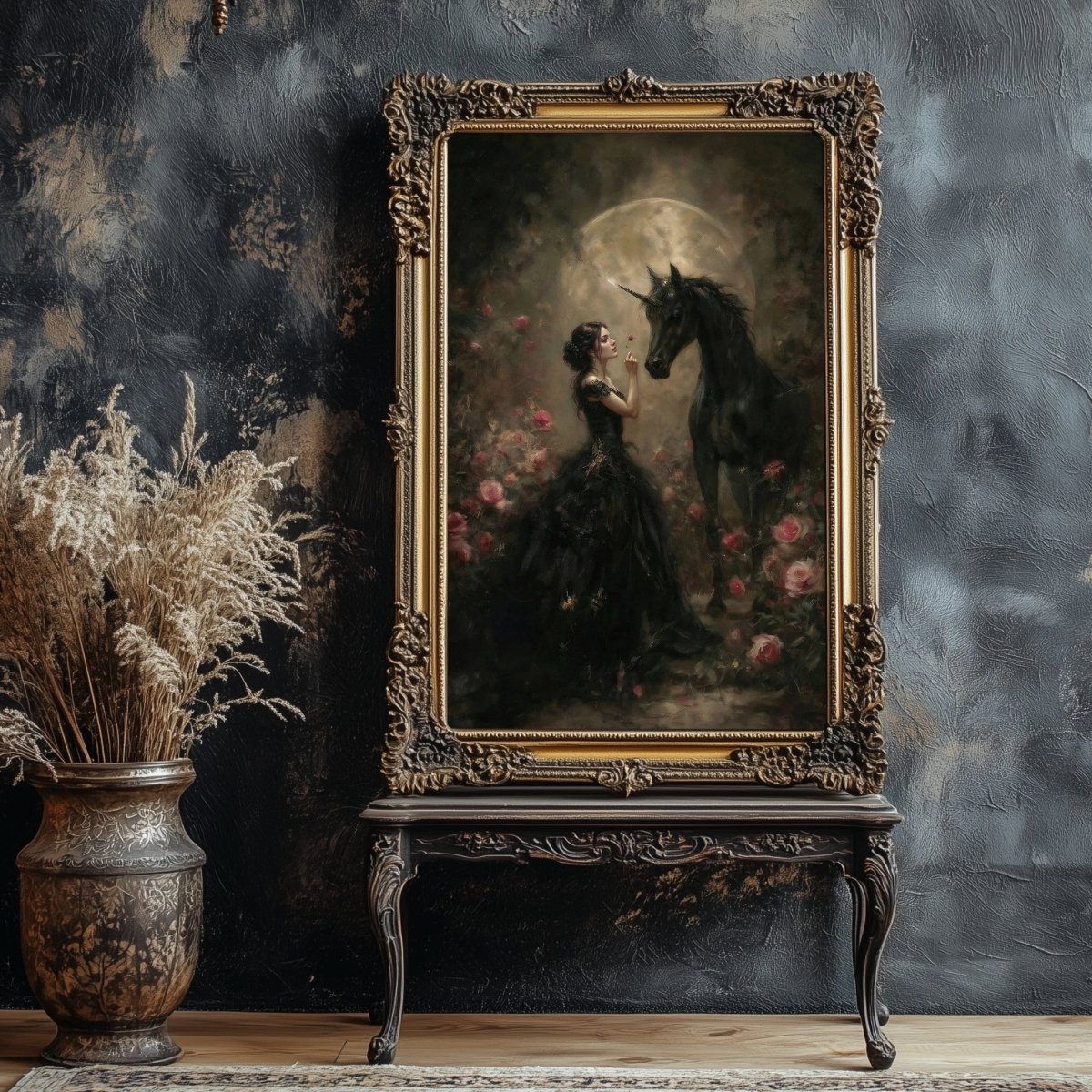 Gothic Maiden & Black Unicorn Wall Art Print – Mystical Moonlit Fantasy Rose Scene - Everything Pixel