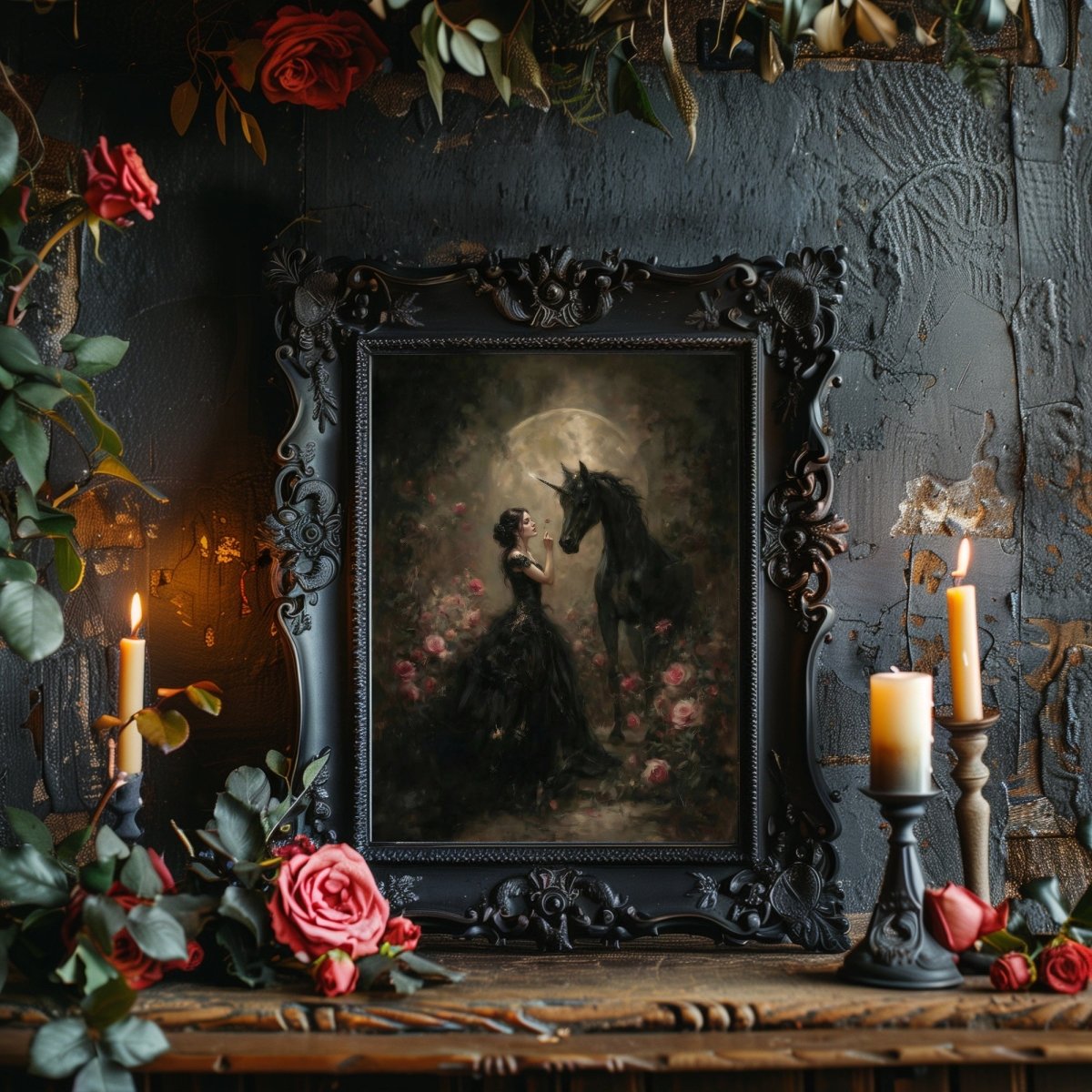 Gothic Maiden & Black Unicorn Wall Art Print – Mystical Moonlit Fantasy Rose Scene - Everything Pixel