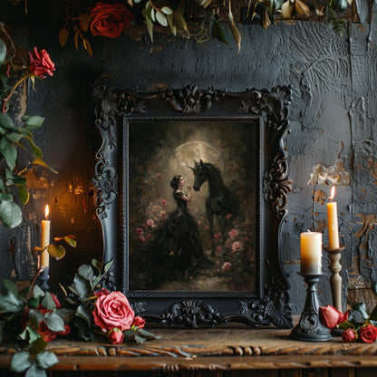 Gothic Maiden & Black Unicorn Wall Art Print – Mystical Moonlit Fantasy Rose Scene - Everything Pixel