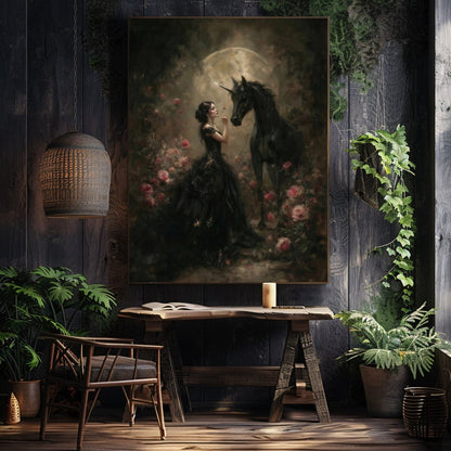 Gothic Maiden & Black Unicorn Wall Art Print – Mystical Moonlit Fantasy Rose Scene - Everything Pixel