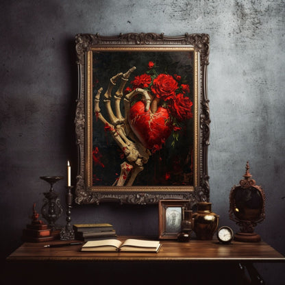 Gothic Valentine Gothic Wall Art Antique Oil Painting Skeletal Hand holding Heart and Roses Gothic Decor Goblincore Dark Romance Print Paper Poster Print - Everything Pixel