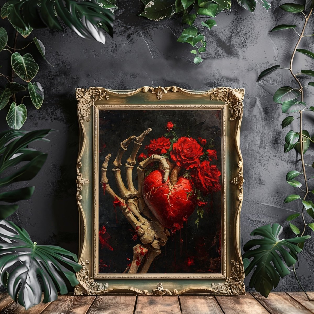 Gothic Valentine Gothic Wall Art Antique Oil Painting Skeletal Hand holding Heart and Roses Gothic Decor Goblincore Dark Romance Print Paper Poster Print - Everything Pixel