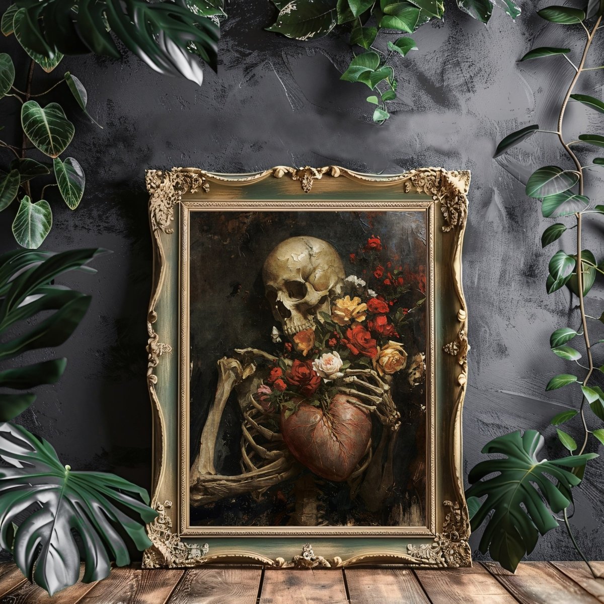 Gothic Valentine Gothic Wall Art Antique Skeleton Oil Painting Heart and Roses Dark Gothic Decor Goblincore Decor Dark Romance Print Paper Poster Print - Everything Pixel