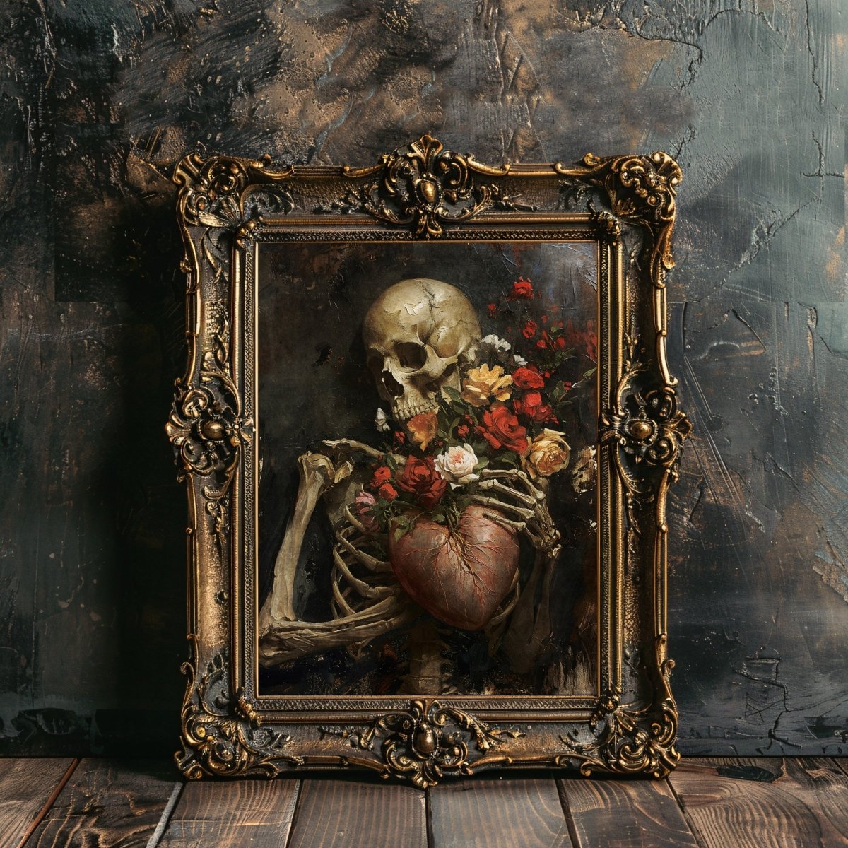 Gothic Valentine Gothic Wall Art Antique Skeleton Oil Painting Heart and Roses Dark Gothic Decor Goblincore Decor Dark Romance Print Paper Poster Print - Everything Pixel