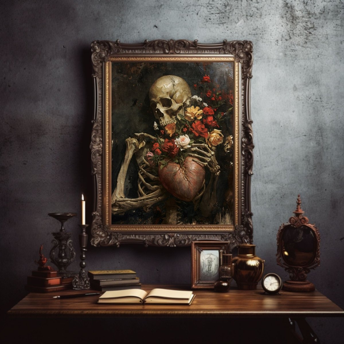 Gothic Valentine Gothic Wall Art Antique Skeleton Oil Painting Heart and Roses Dark Gothic Decor Goblincore Decor Dark Romance Print Paper Poster Print - Everything Pixel