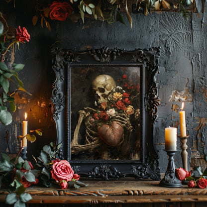 Gothic Valentine Gothic Wall Art Antique Skeleton Oil Painting Heart and Roses Dark Gothic Decor Goblincore Decor Dark Romance Print Paper Poster Print - Everything Pixel