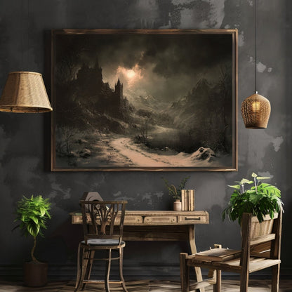 Gothic Winter Castle Wall Art Print – Haunting Snow - Covered Landscape with Eerie Moon - Everything Pixel