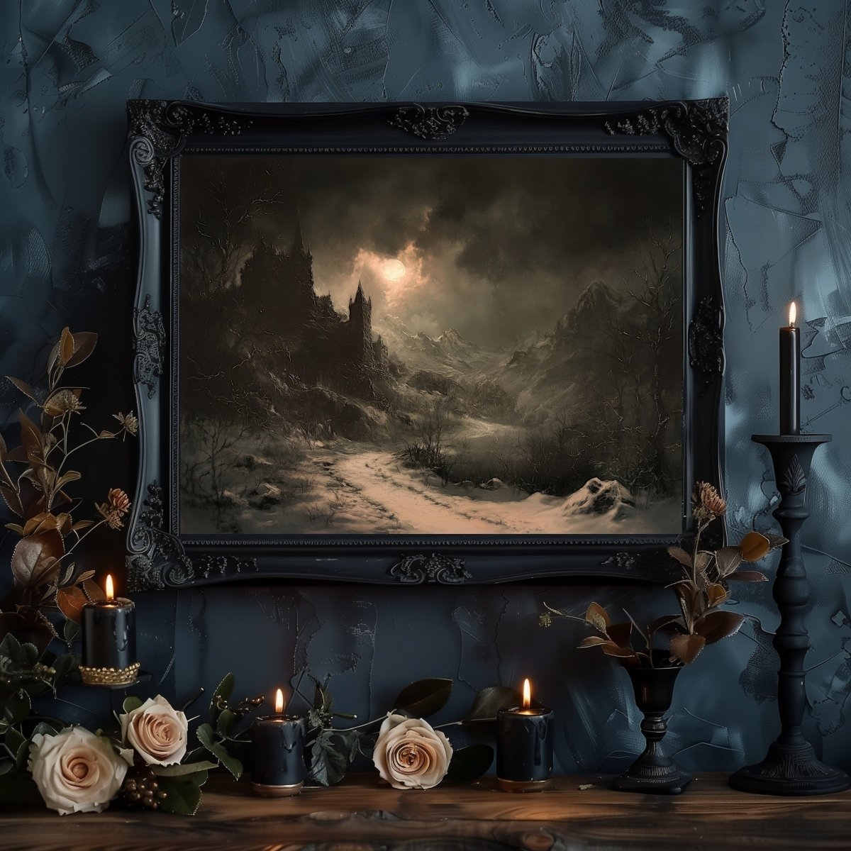 Gothic Winter Castle Wall Art Print – Haunting Snow - Covered Landscape with Eerie Moon - Everything Pixel