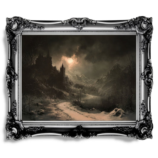 Gothic Winter Castle Wall Art Print – Haunting Snow - Covered Landscape with Eerie Moon - Everything Pixel