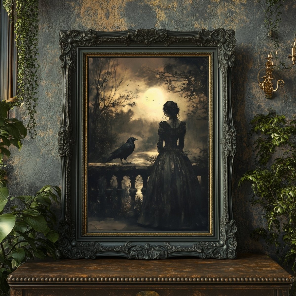 Gothic Woman & Raven Wall Art Print - Victorian Dark Romance Decor - Everything Pixel