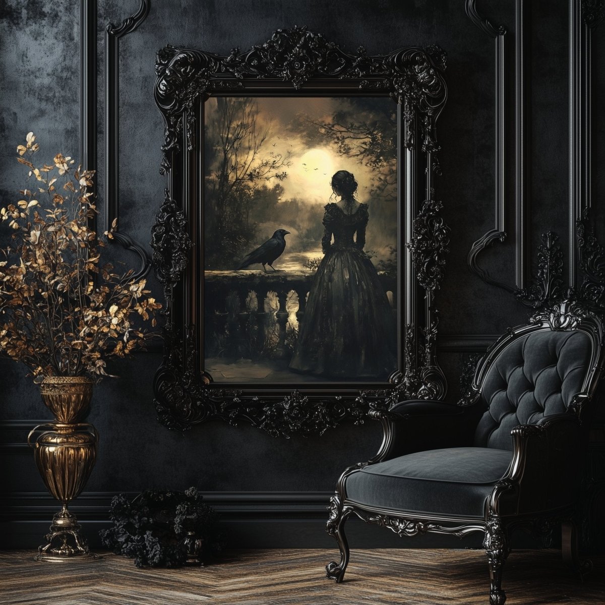 Gothic Woman & Raven Wall Art Print - Victorian Dark Romance Decor - Everything Pixel