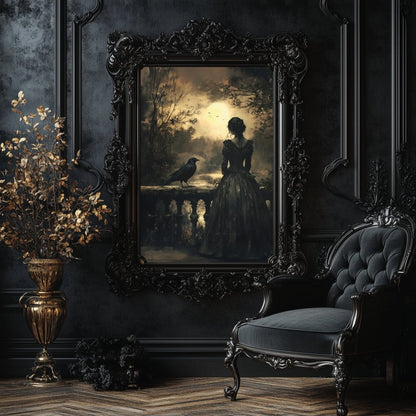 Gothic Woman & Raven Wall Art Print - Victorian Dark Romance Decor - Everything Pixel