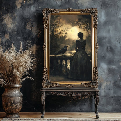 Gothic Woman & Raven Wall Art Print - Victorian Dark Romance Decor - Everything Pixel