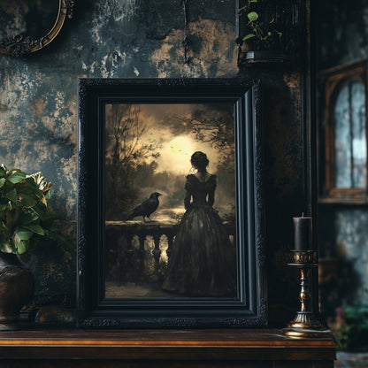 Gothic Woman & Raven Wall Art Print - Victorian Dark Romance Decor - Everything Pixel