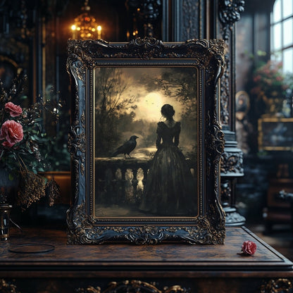 Gothic Woman & Raven Wall Art Print - Victorian Dark Romance Decor - Everything Pixel