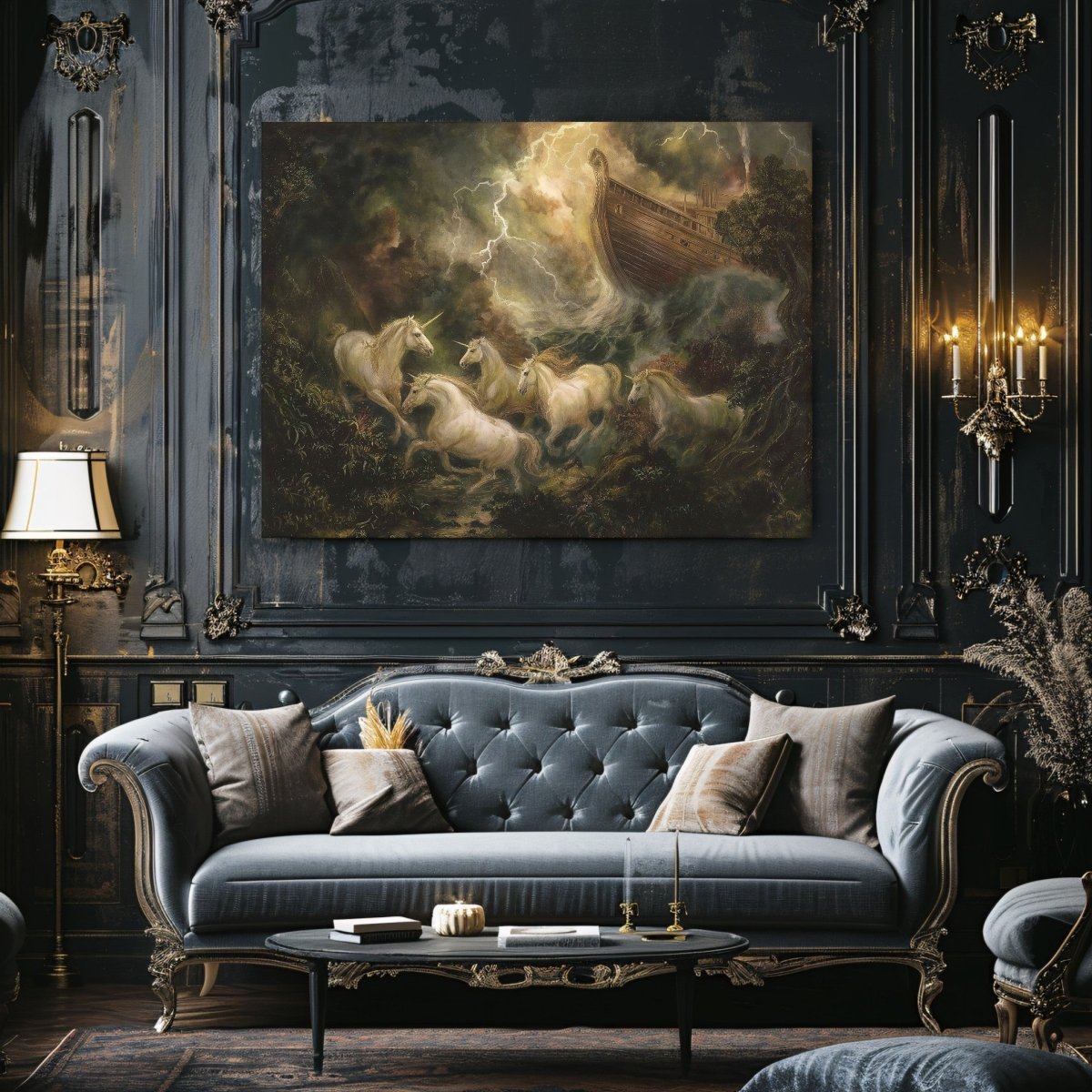 Great Flood Unicorn Canvas Print – Epic Storm Fantasy Artwork with Noah’s Ark & Mythic Creatures - Everything Pixel