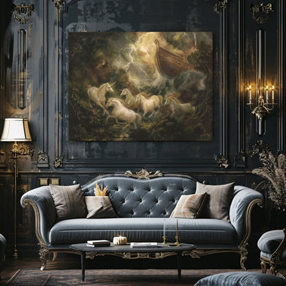 Great Flood Unicorn Canvas Print – Epic Storm Fantasy Artwork with Noah’s Ark & Mythic Creatures - Everything Pixel