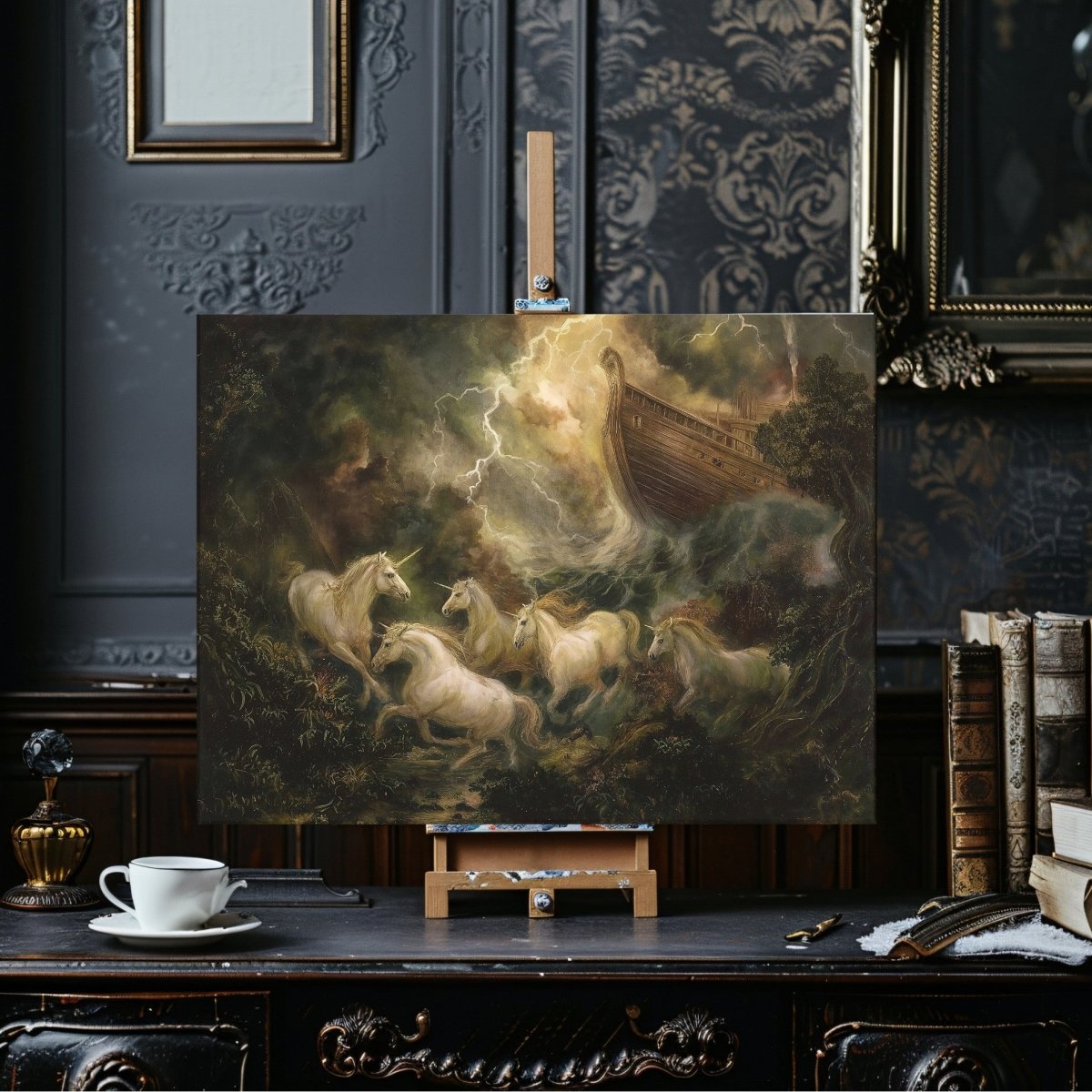 Great Flood Unicorn Canvas Print – Epic Storm Fantasy Artwork with Noah’s Ark & Mythic Creatures - Everything Pixel