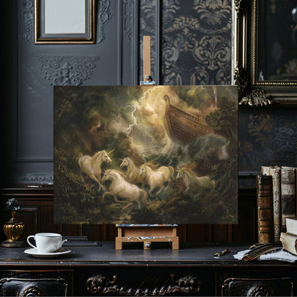 Great Flood Unicorn Canvas Print – Epic Storm Fantasy Artwork with Noah’s Ark & Mythic Creatures - Everything Pixel