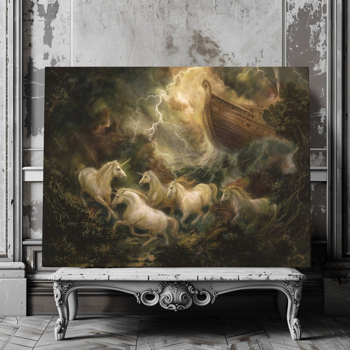 Great Flood Unicorn Canvas Print – Epic Storm Fantasy Artwork with Noah’s Ark & Mythic Creatures - Everything Pixel