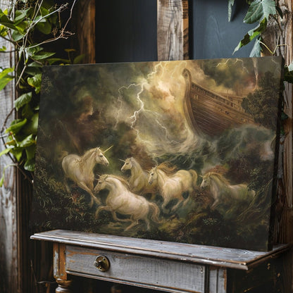 Great Flood Unicorn Canvas Print – Epic Storm Fantasy Artwork with Noah’s Ark & Mythic Creatures - Everything Pixel