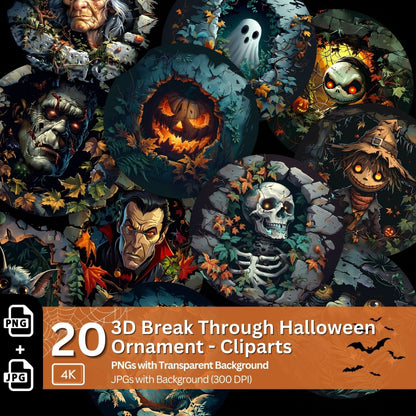 Halloween 3D Break Through Ornament Cliparts 20 PNG Bundle Sublimation Design Spooky Round Halloween Graphics Ghost Vampire Pumpkin Witch - Everything Pixel