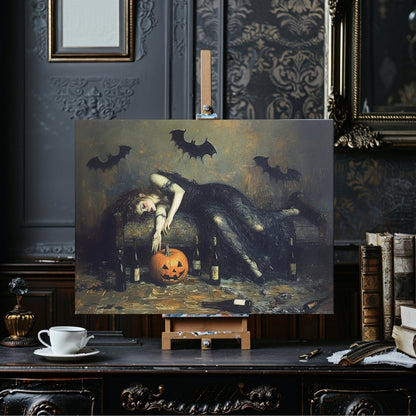 Halloween Party Aftermath Canvas Print - Victorian Woman Portrait, Gothic Feminine Art - Everything Pixel