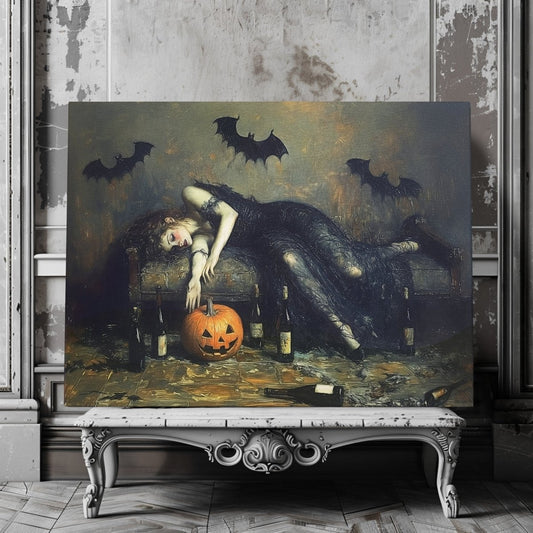 Halloween Party Aftermath Canvas Print - Victorian Woman Portrait, Gothic Feminine Art - Everything Pixel