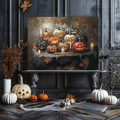 Halloween Pumpkins Canvas Print - Gothic Decor, Spooky Autumn, Eerie Fall Farmhouse, Jack - o' - Lantern Art - Everything Pixel