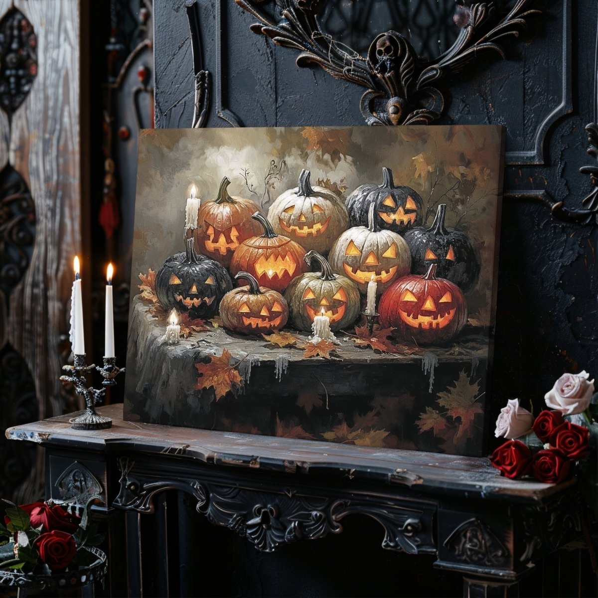 Halloween Pumpkins Canvas Print - Gothic Decor, Spooky Autumn, Eerie Fall Farmhouse, Jack - o' - Lantern Art - Everything Pixel