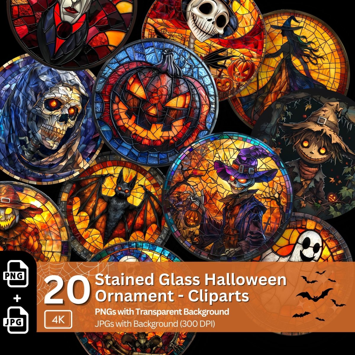 Halloween Stained Glass Ornament Cliparts 20 PNG Bundle Sublimation Design Spooky Round Halloween Graphics Ghost Vampire Pumpkin Witch - Everything Pixel