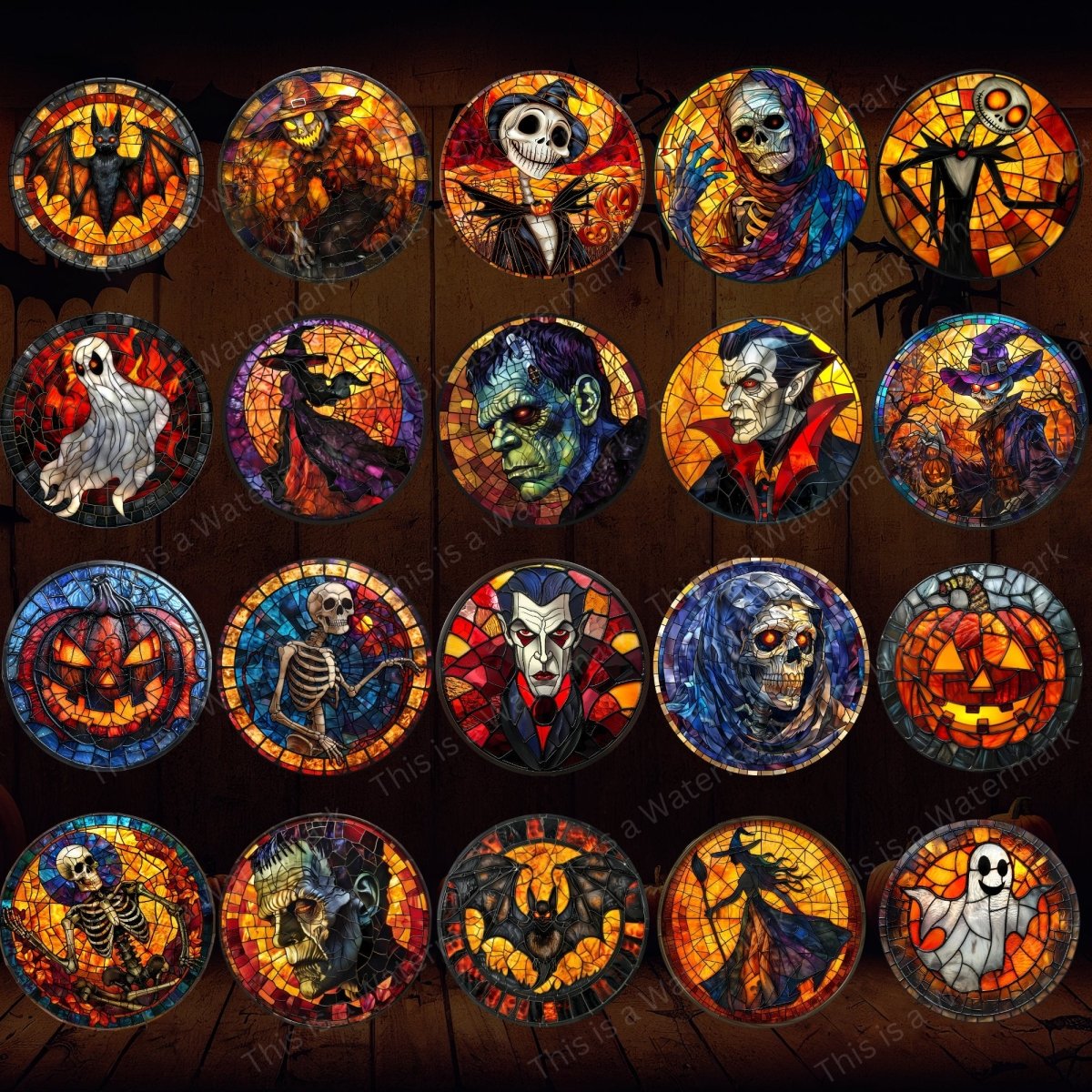 Halloween Stained Glass Ornament Cliparts 20 PNG Bundle Sublimation Design Spooky Round Halloween Graphics Ghost Vampire Pumpkin Witch - Everything Pixel