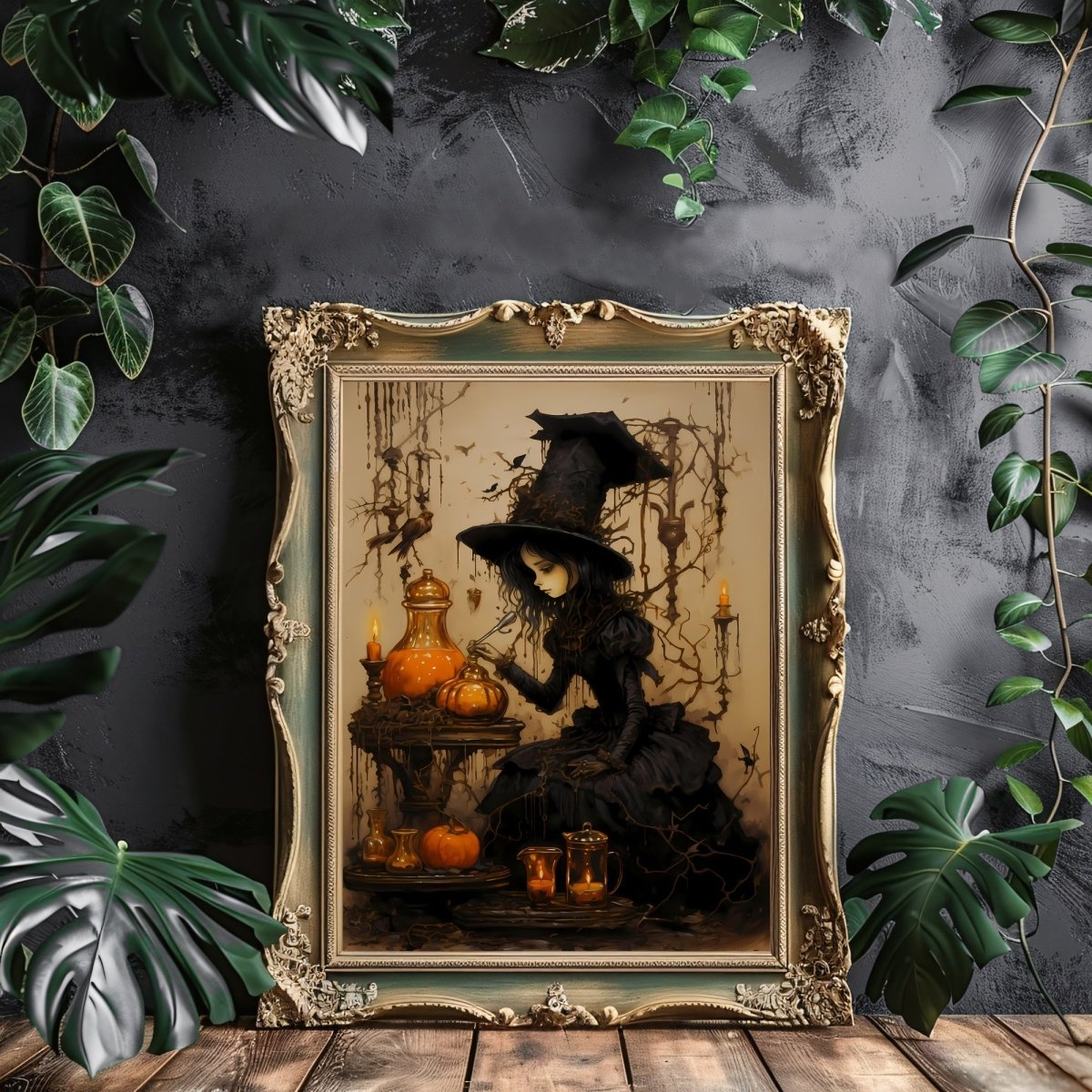 Halloween Witch Gothic Wall Art Vintage Oil Painting Witchy Decor Dark Cottagecore Gothic Orange and Beige Halloween Decoration Paper Poster Print - Everything Pixel