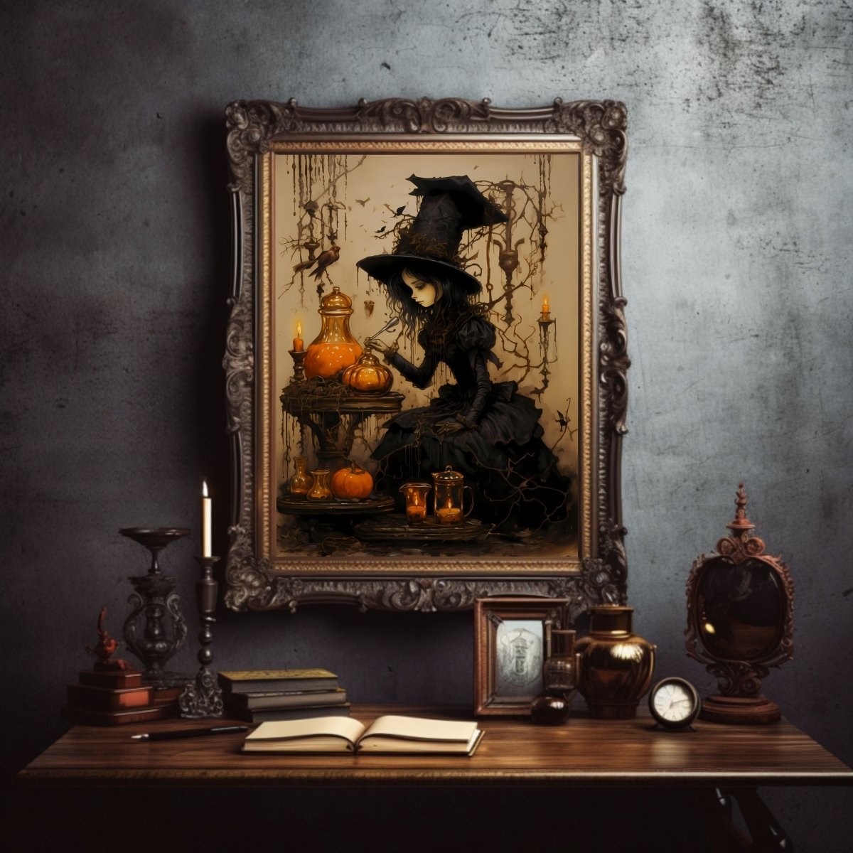 Halloween Witch Gothic Wall Art Vintage Oil Painting Witchy Decor Dark Cottagecore Gothic Orange and Beige Halloween Decoration Paper Poster Print - Everything Pixel